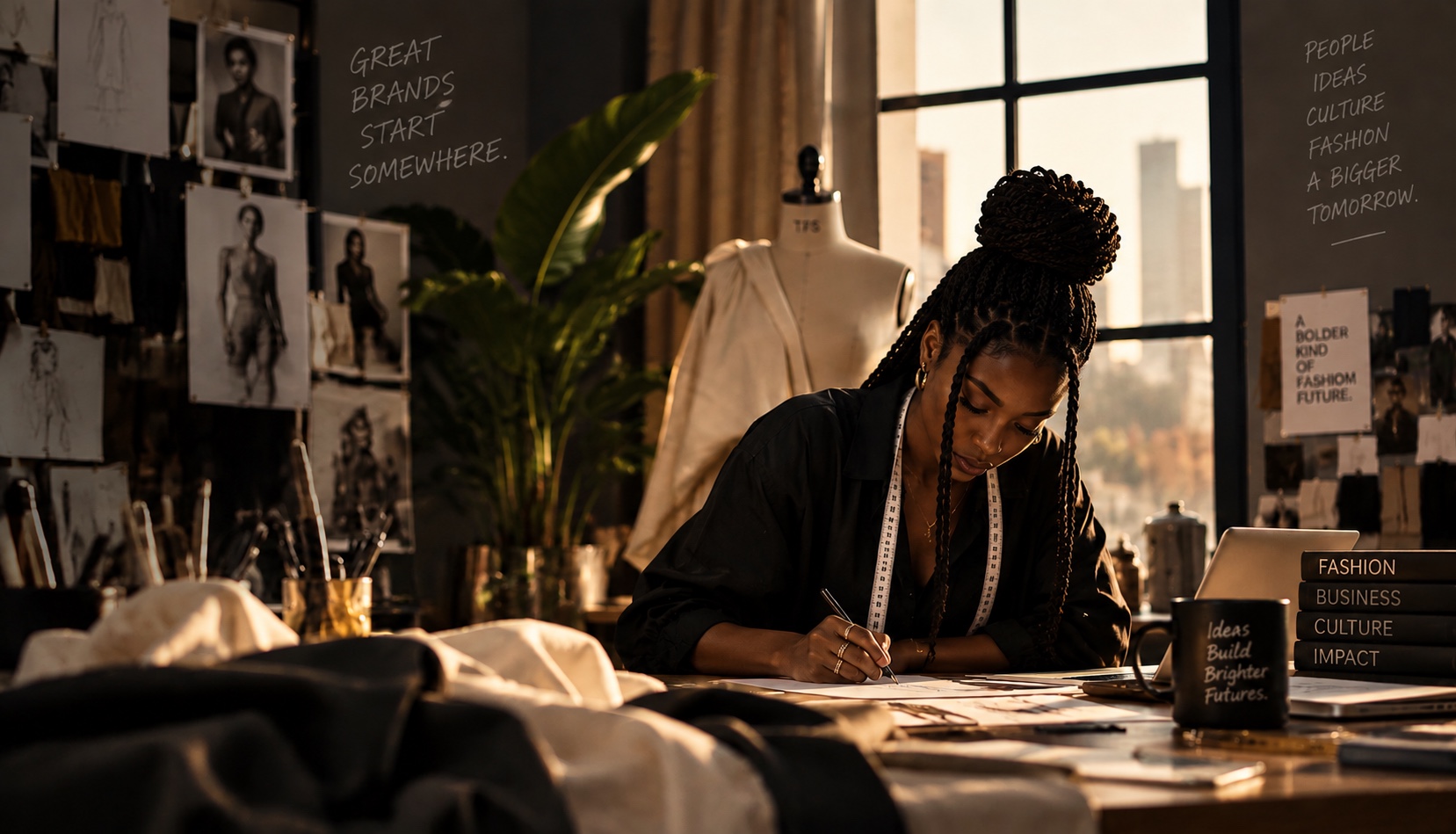 A fashion founder sketching in a sunlit studio as the city glows outside